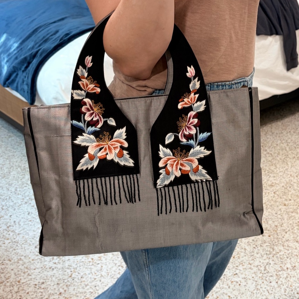Gray purse with Embroidered Floral and beaded Handles - Picture 4 of 5